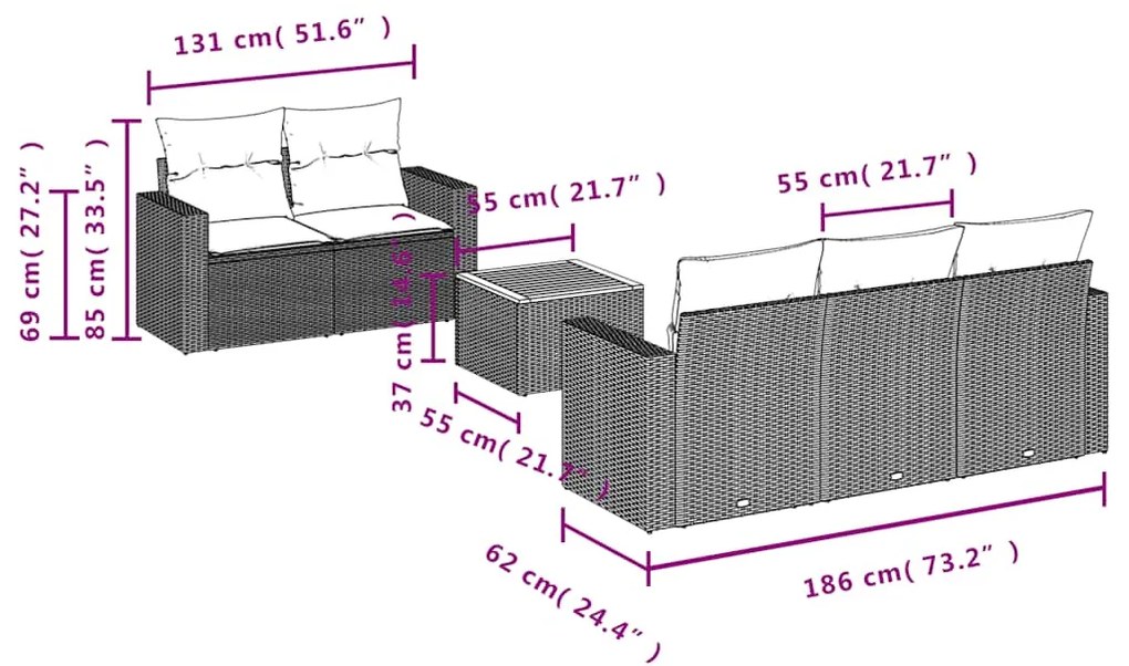 6 pcs conjunto sofás de jardim c/ almofadões vime PE preto