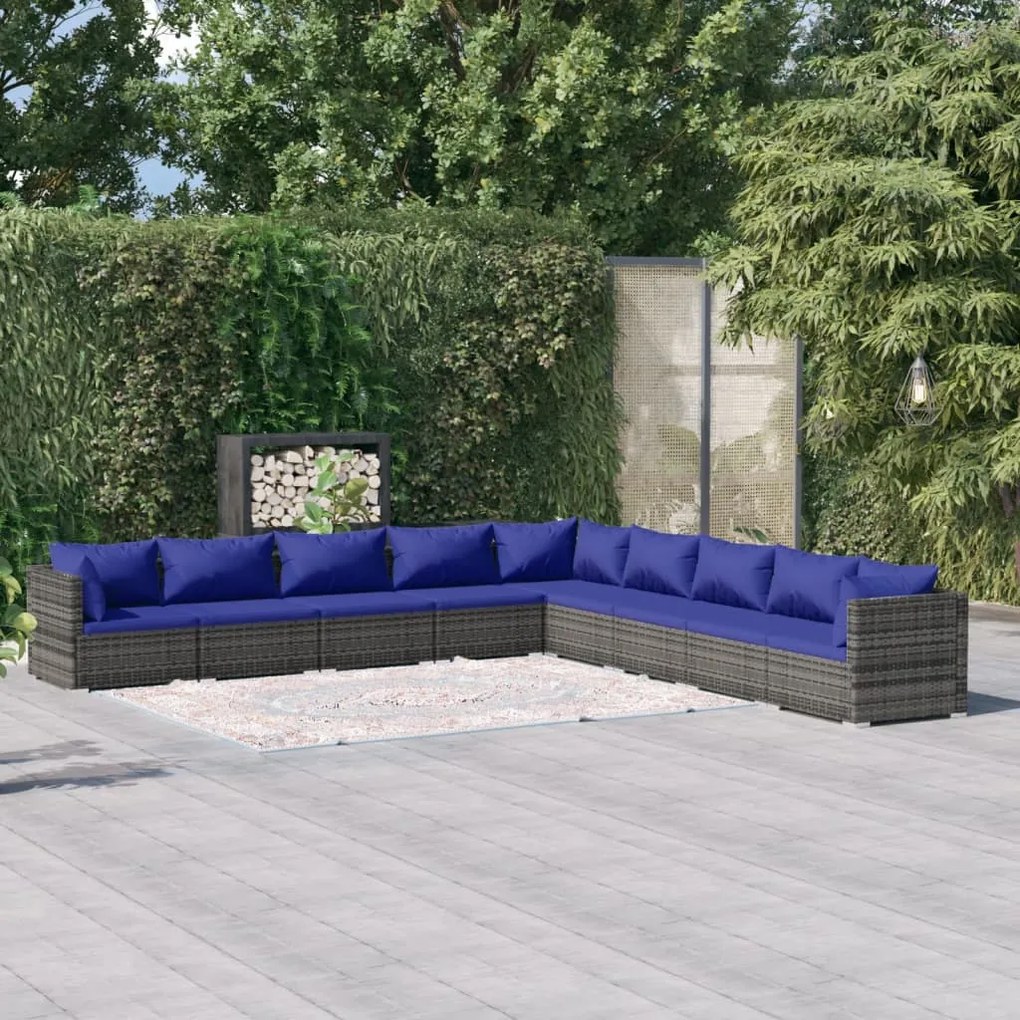 vidaXL 9 pcs conjunto lounge de jardim c/ almofadões vime PE cinza