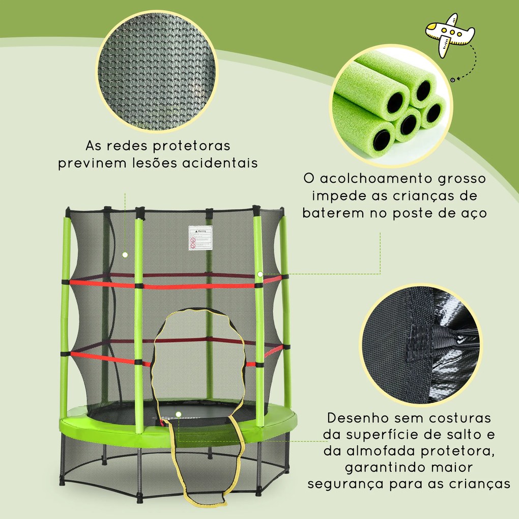 HOMCOM Trampolim Infantil Ø107 cm Trampolim para Crianças de 3-6 Anos com Rede de Segurança Carga 45 kg para Interior Ø140x160 cm Verde