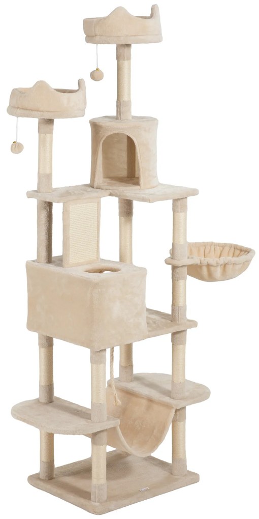 Arranhador para Gatos Grande Altura 173 cm Torre para Gatos com Plataformas Caverna Bolas Suspensa e Rede Bege