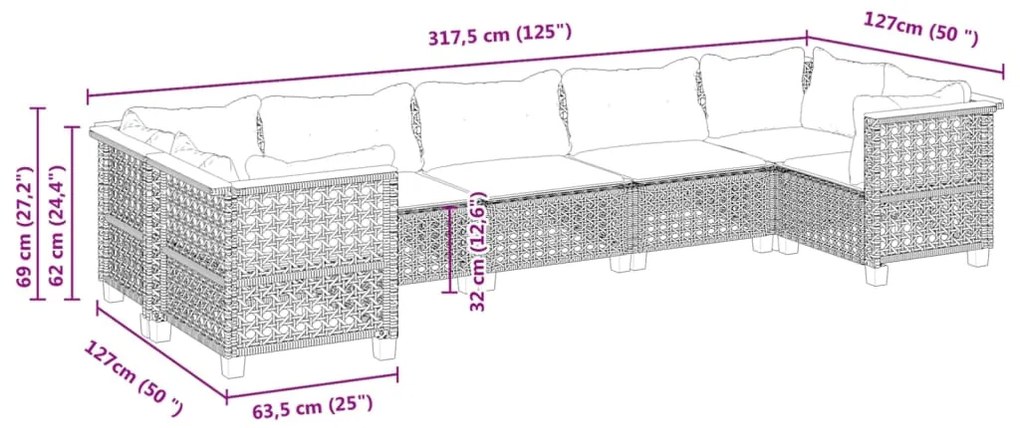 7 pcs conjunto sofás p/ jardim c/ almofadões vime PE cinzento