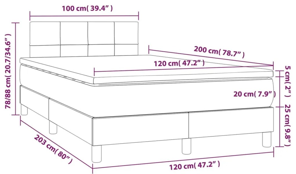 Cama box spring c/ colchão e LED 120x200 cm tecido azul