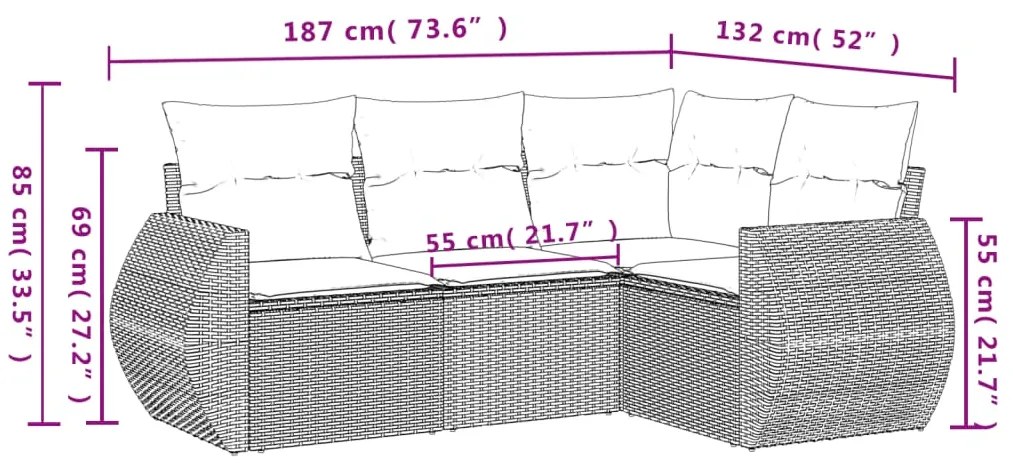 4 pcs conjunto de sofás para jardim c/ almofadões vime PE preto