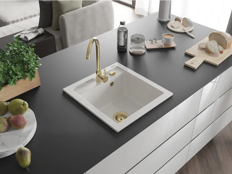 Mexen Vito lava-louça de granito de 1 bacia 520 x 490 mm, branco, sifão dourado - 6503521000-20-G