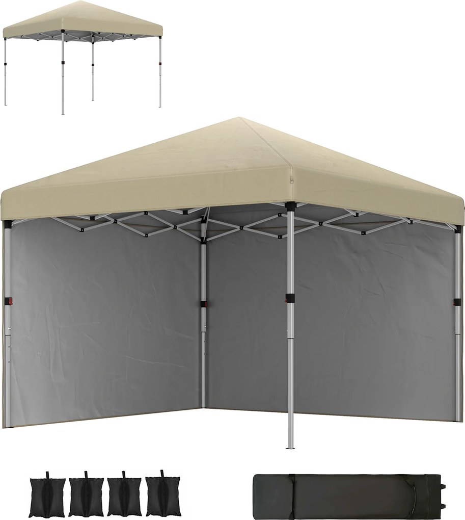 Tenda de jardim pop-up 297C x 297L x 288A cm, dobrável, com altura ajustável, proteção UV 30+, 2 paredes laterais e saco de transporte incluído bege
