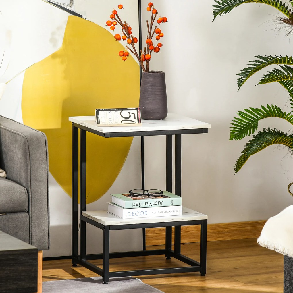 Mesa de centro moderna para sala de estar, mesa auxiliar para quarto, estrutura em aço preto, tampo e prateleira com aspeto de mármore branco