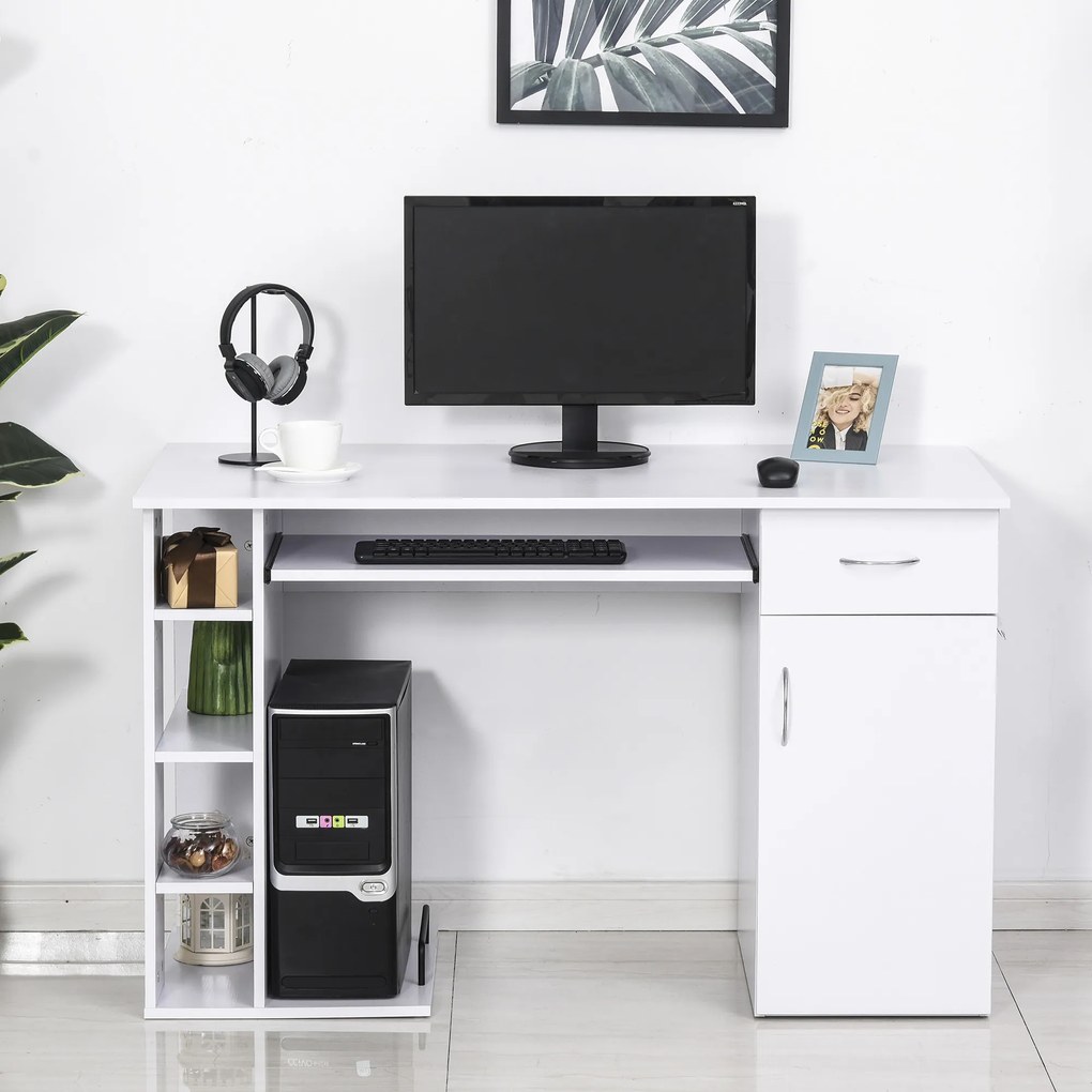 Secretária para escritório com prateleiras abertas Gabinete Suporte para CPU e bandeja removível 120x60x74 cm Branco