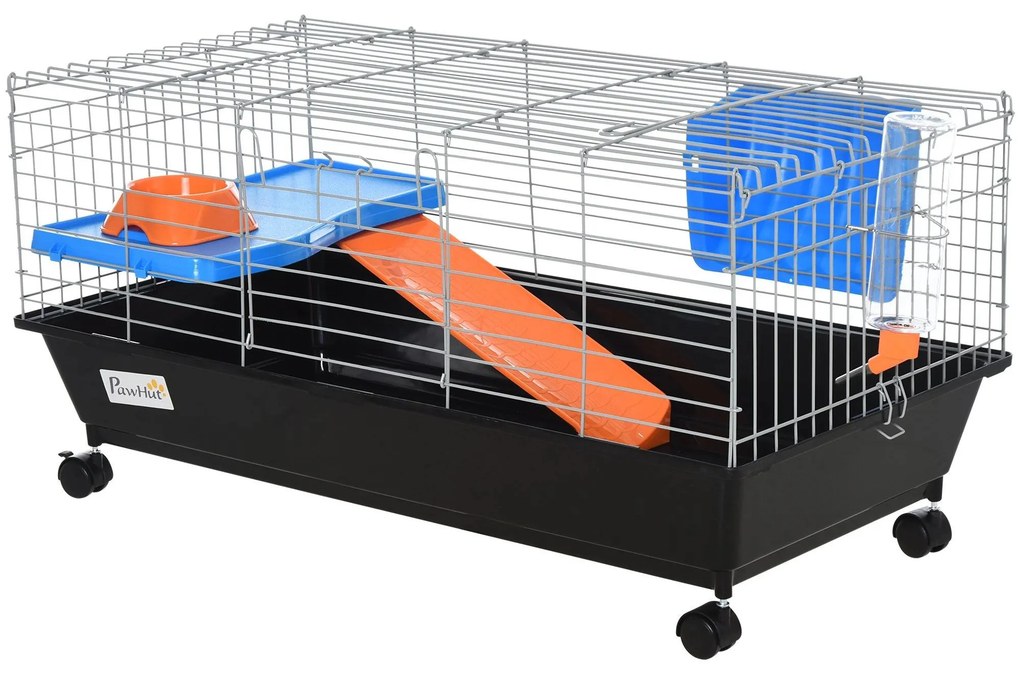 PawHut Gaiola para Roedores Pequenos com Rodas Habitat para Furões Porquinho da India com Comedouro Bebedouro Rampa 89x44x43cm Preto | Aosom Portugal