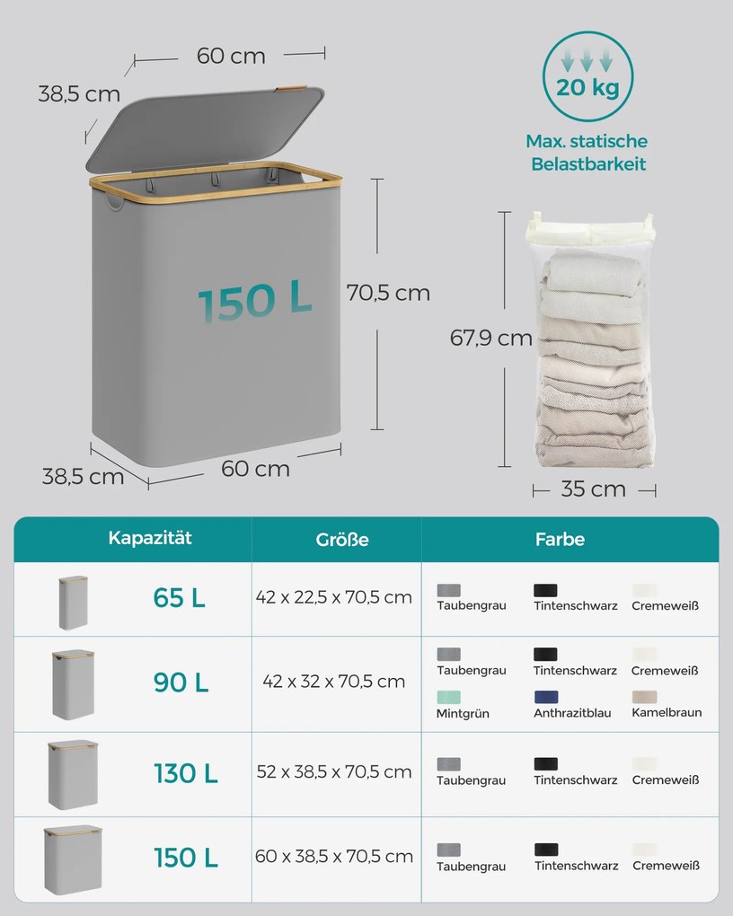 Cesto para roupa suja com tampa 150 litros 60 x 38,5 x 70,5 Cinzento