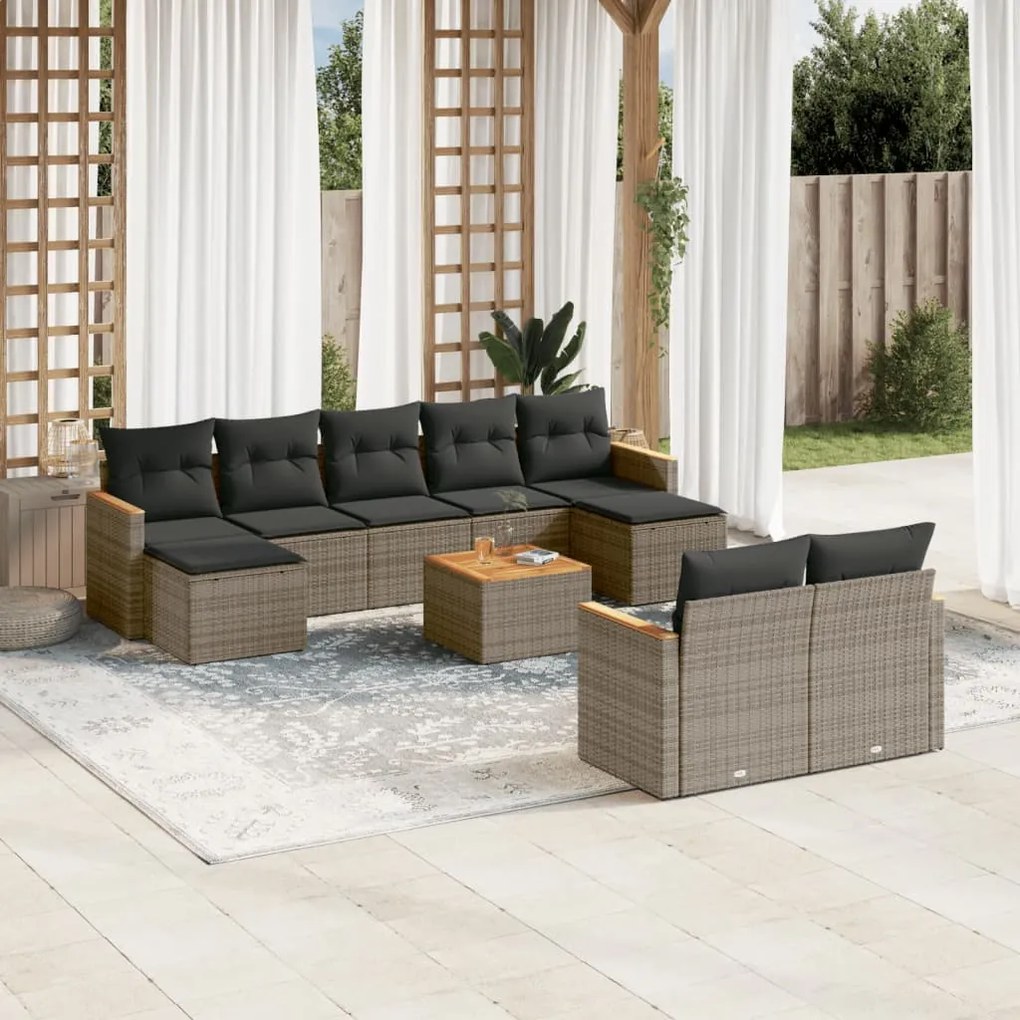 10 pcs conjunto sofás de jardim c/ almofadões vime PE cinzento