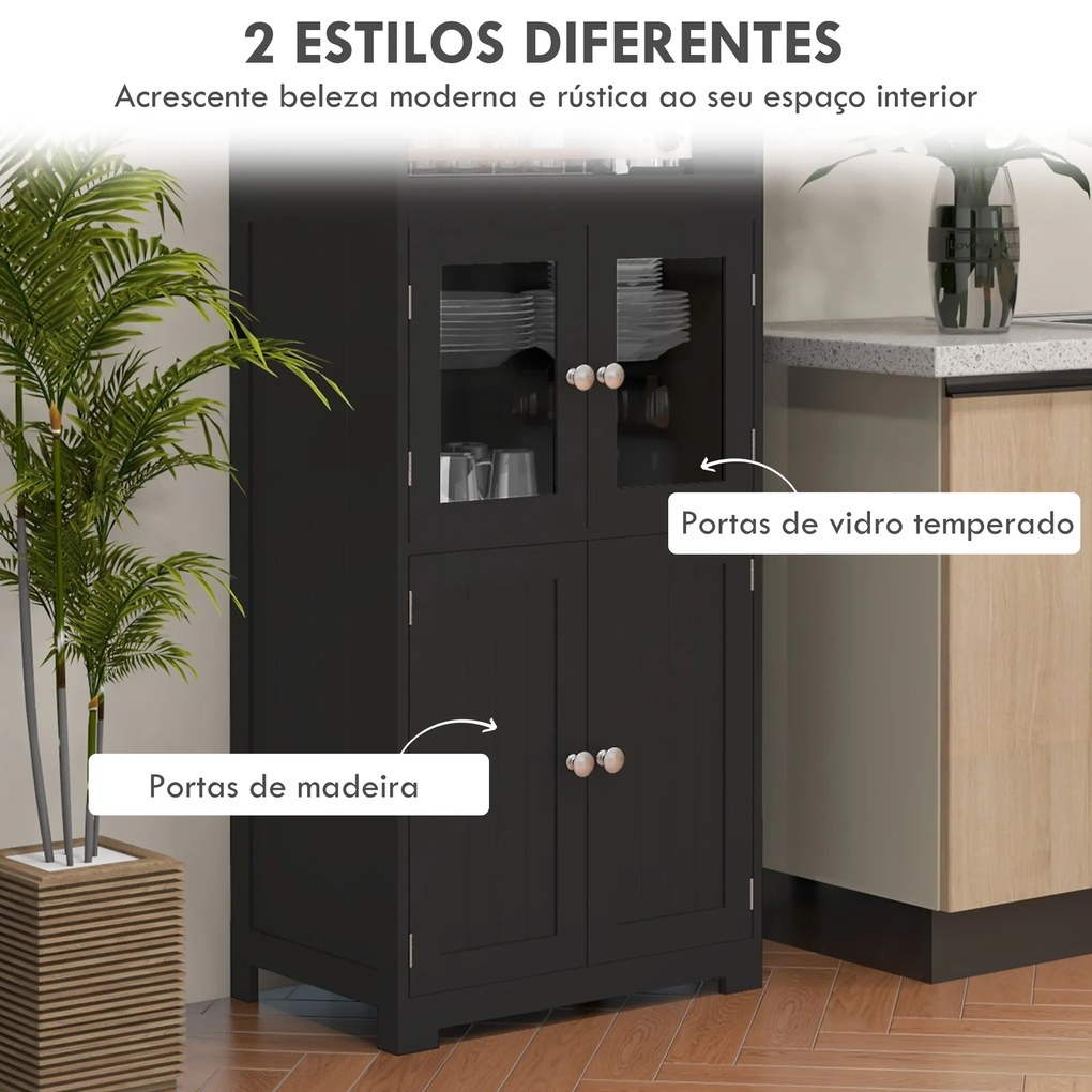 Armário de Cozinha com 2 Portas de Vidro Temperado 2 Prateleiras Abertas e Armário com Prateleira Ajustável 60x30x162 cm Preto