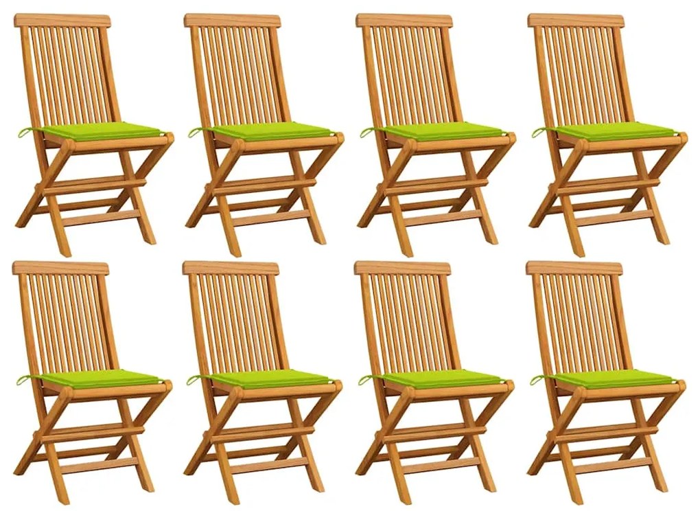 vidaXL Cadeiras jardim c/ almofadões verde brilhante 8 pcs teca maciça
