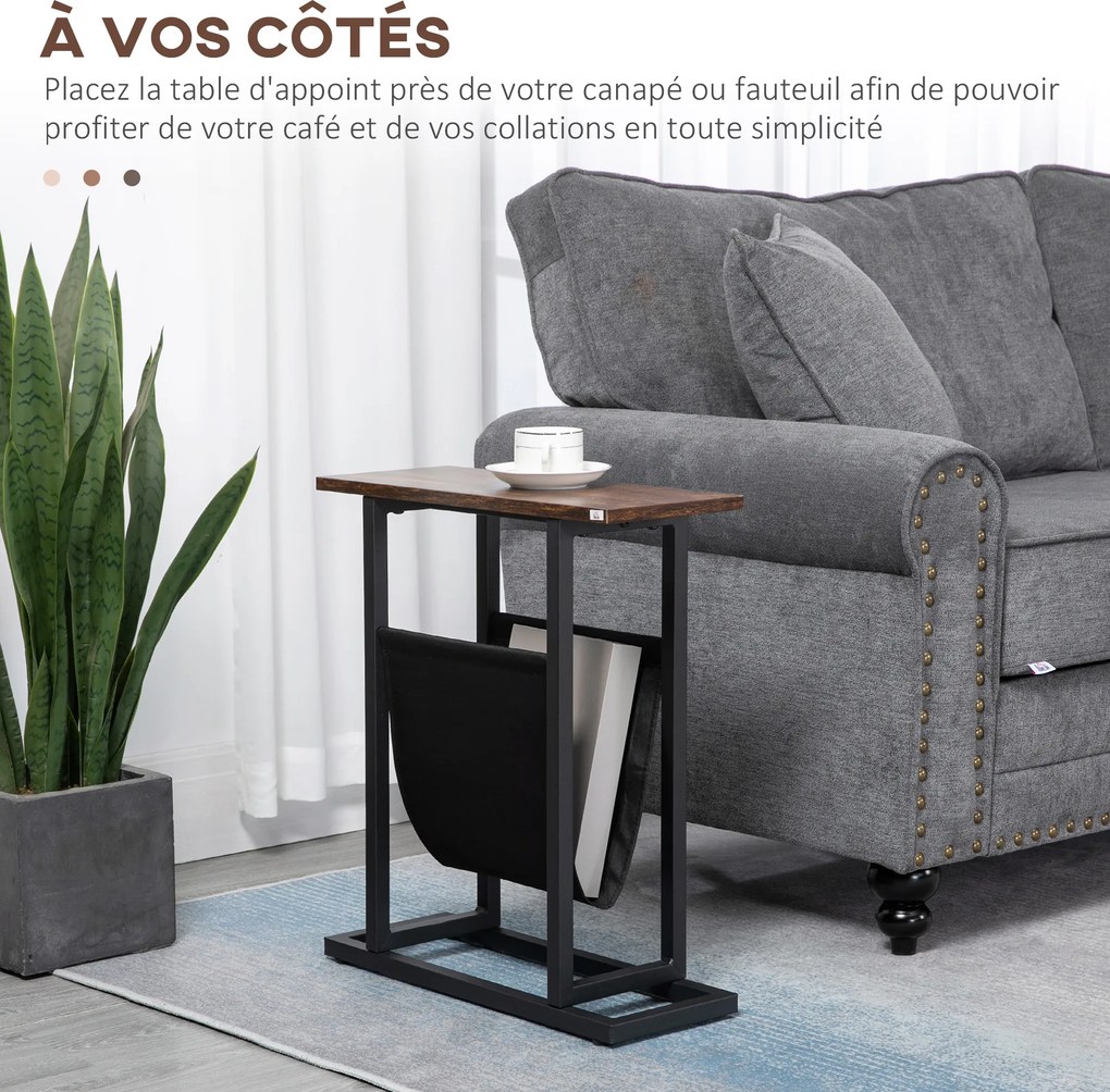 Mesa de apoio com porta-revistas, estrutura em aço 49 x 19 x 55 cm, preto e castanho escuro