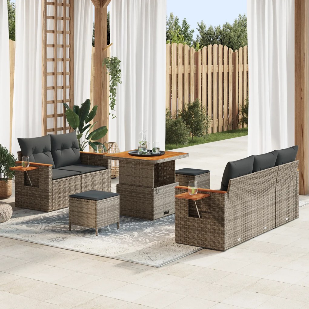 vidaXL Conjunto de Sofás de Jardim de 8 Peças com Almofadas Cinzento Rattan Polimérico Acácia