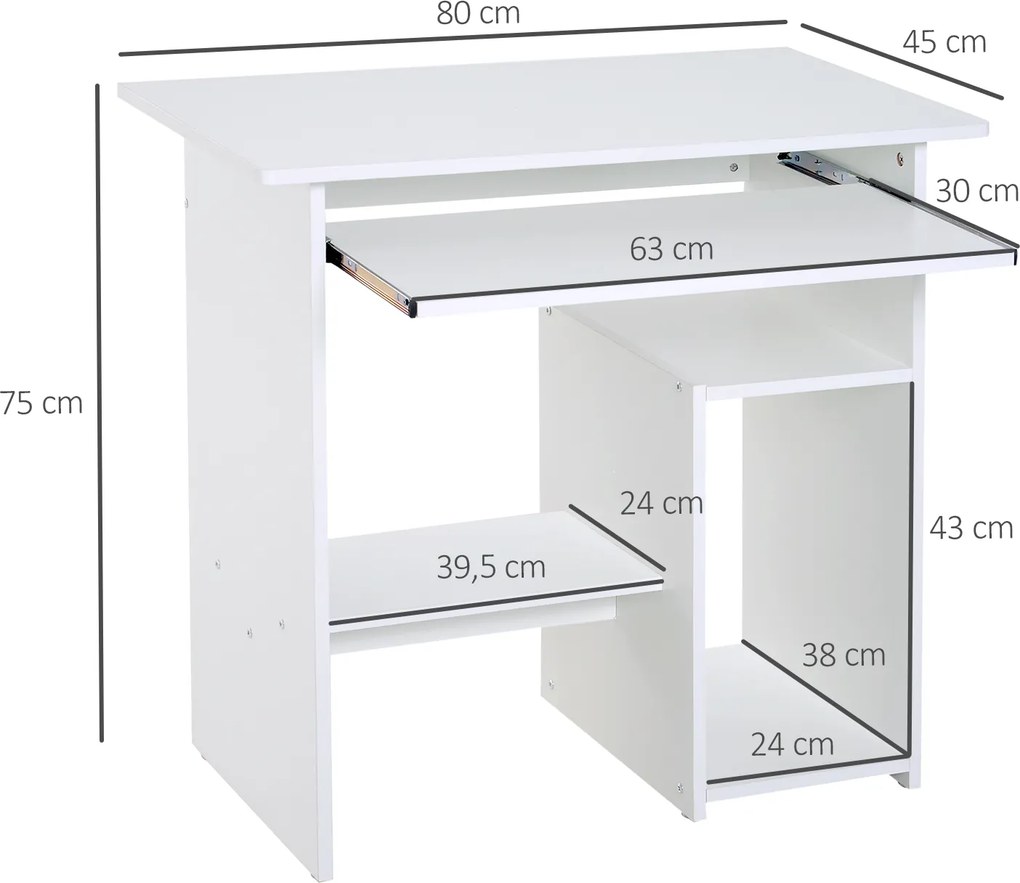 Secretária com arrumação, tabuleiro para teclado e suporte para monitor, 80 x 45 x 75 cm, branca