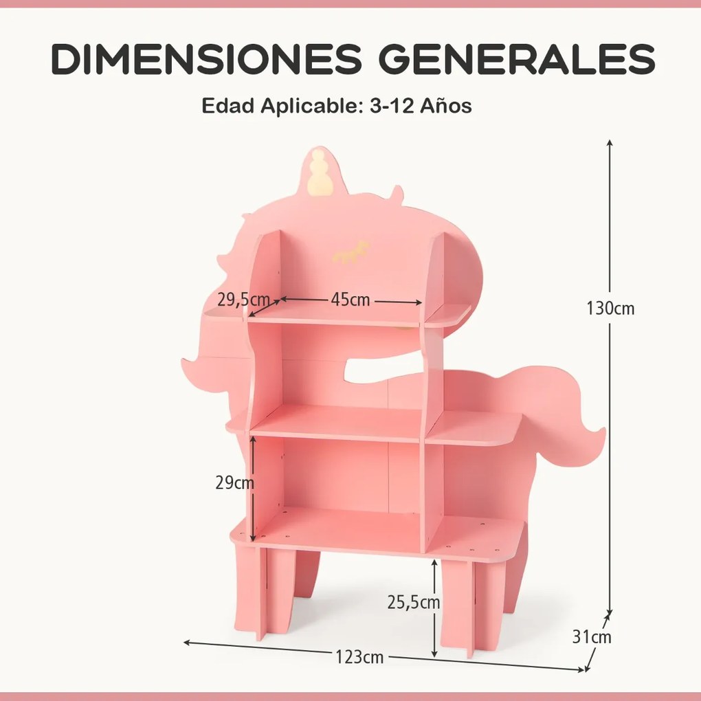 Estante de Unicórnio de Madeira de 3 Níveis para Crianças Organizador de Brinquedos com Estantes de Armazenamento Abertas Rosa