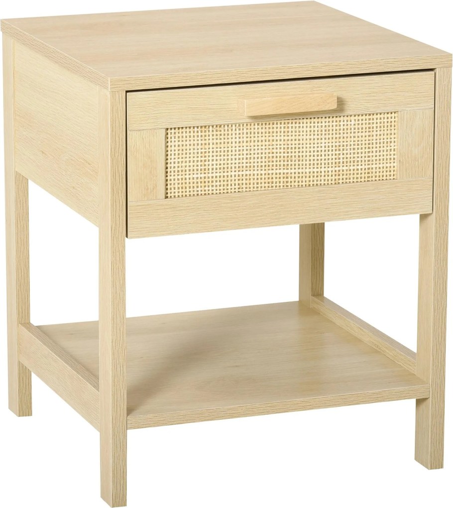 Mesa de cabeceira em malha Mesa lateral com gaveta e prateleira inferior em DM e vime para quarto Sala 40x40x48 cm Cor madeira