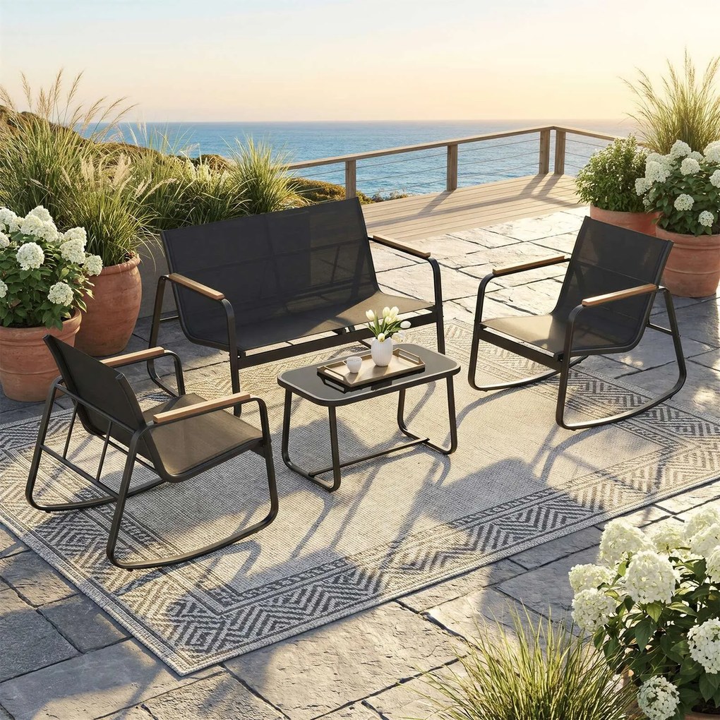 Conjunto de jardim com 2 cadeiras de baloiço com mesa e banco Preto