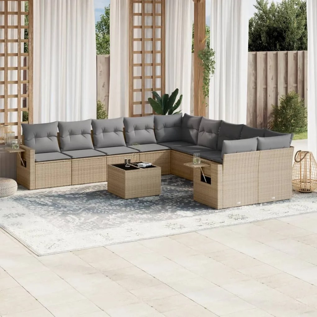 11 pcs conjunto sofás de jardim c/ almofadões vime PE bege