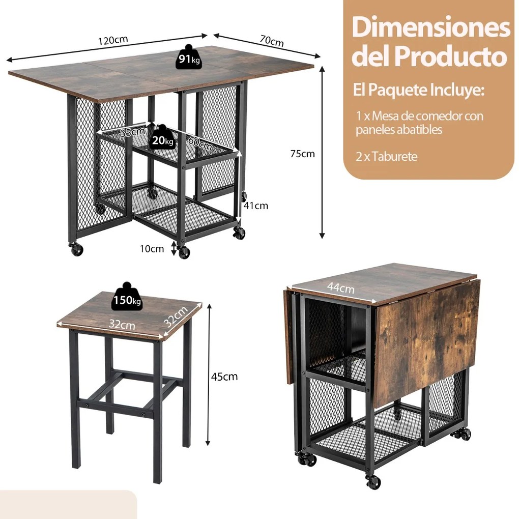 Conjunto de mesa de jantar dobrável de 3 peças com 2 bancos Rodas com fecho 2 Estantes de arrumação de cozinha em rede castanho + preto