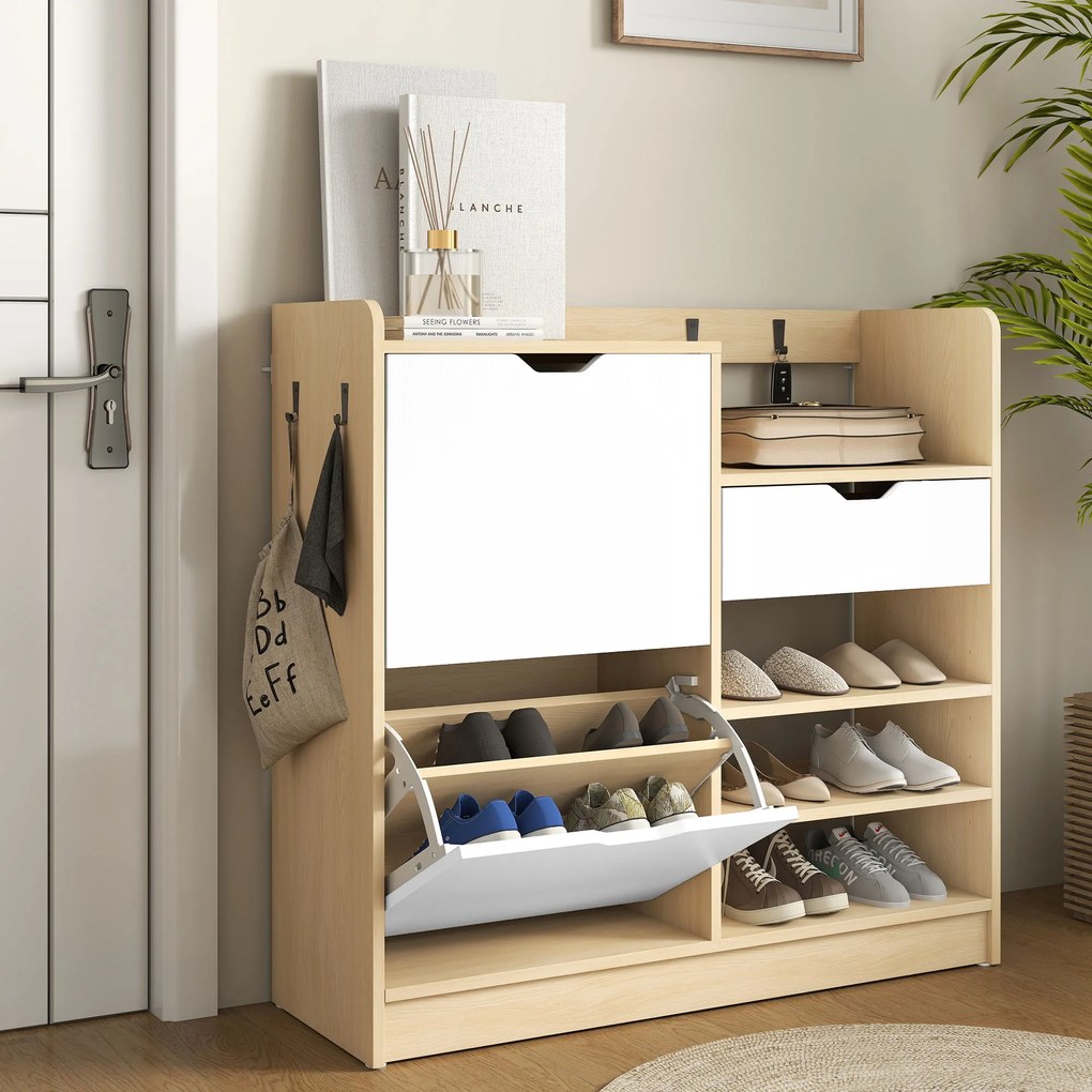 Sapateira Estreita com Prateleiras Ajustáveis Gaveta e 4 Ganchos para 14 Pares de Sapatos 93x30x90 cm Madeira e Branco
