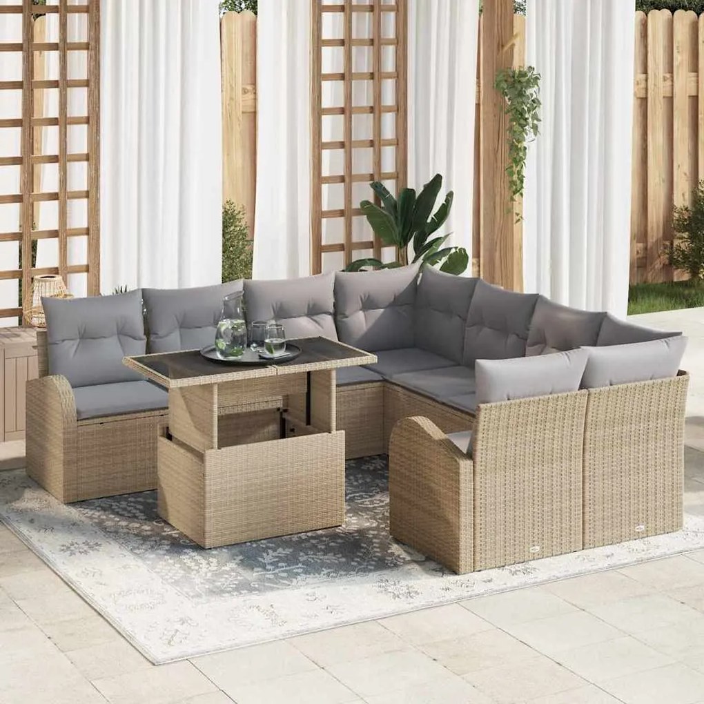 vidaXL Conjunto de Sofá de Jardim com 9 Peças e Almofadas Bege em Rattan Sintético