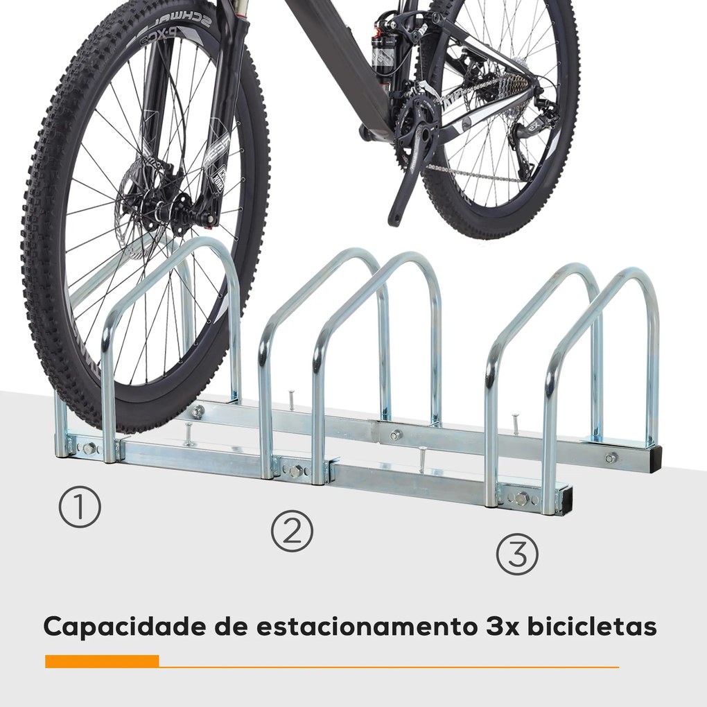HOMCOM Estacionamento para 3 Bicicletas Suporte de Aço para Estacionar Bicicletas no Chão para Interior e Exterior 70,5x33x27cm Prata