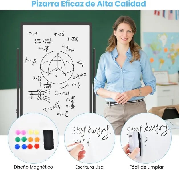 Quadro branco magnético móvel 60 x 100 cm Quadro branco seco de dupla face com suporte sobre rodas Altura ajustável para escritório Escola Preto