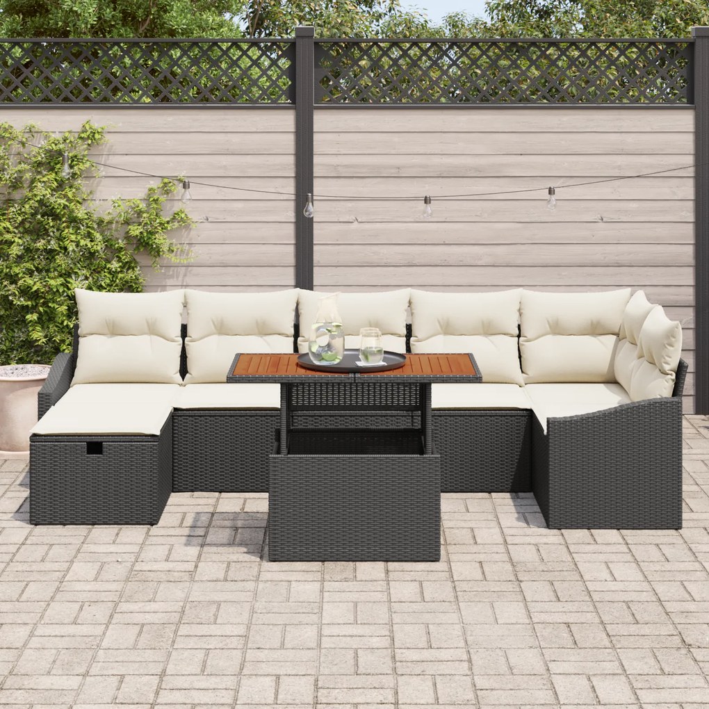 Conjunto de Sofá de Jardim com 8 Peças e Almofadas em Rattan Preto