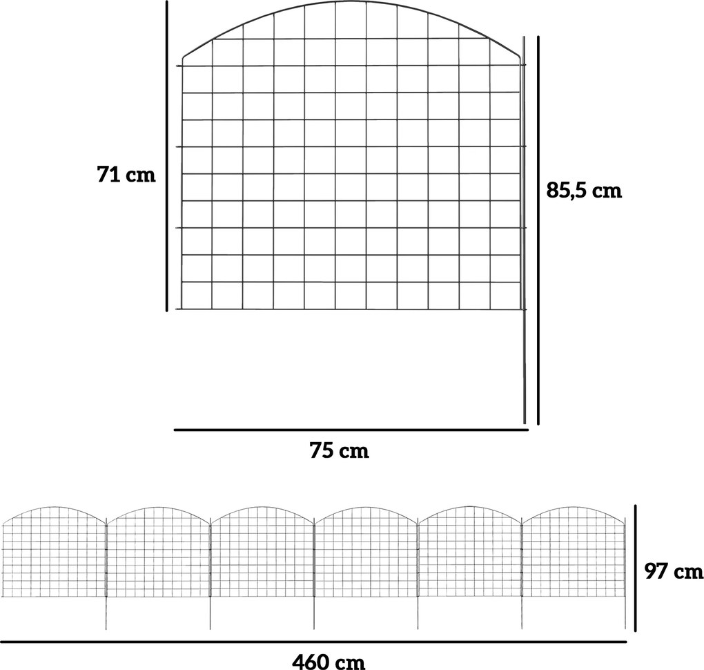 Cerca de jardim em metal, cerca decorativa, conjunto de 6 para hortaliças, bordadura de caminho, 460 x 97 cm, preta