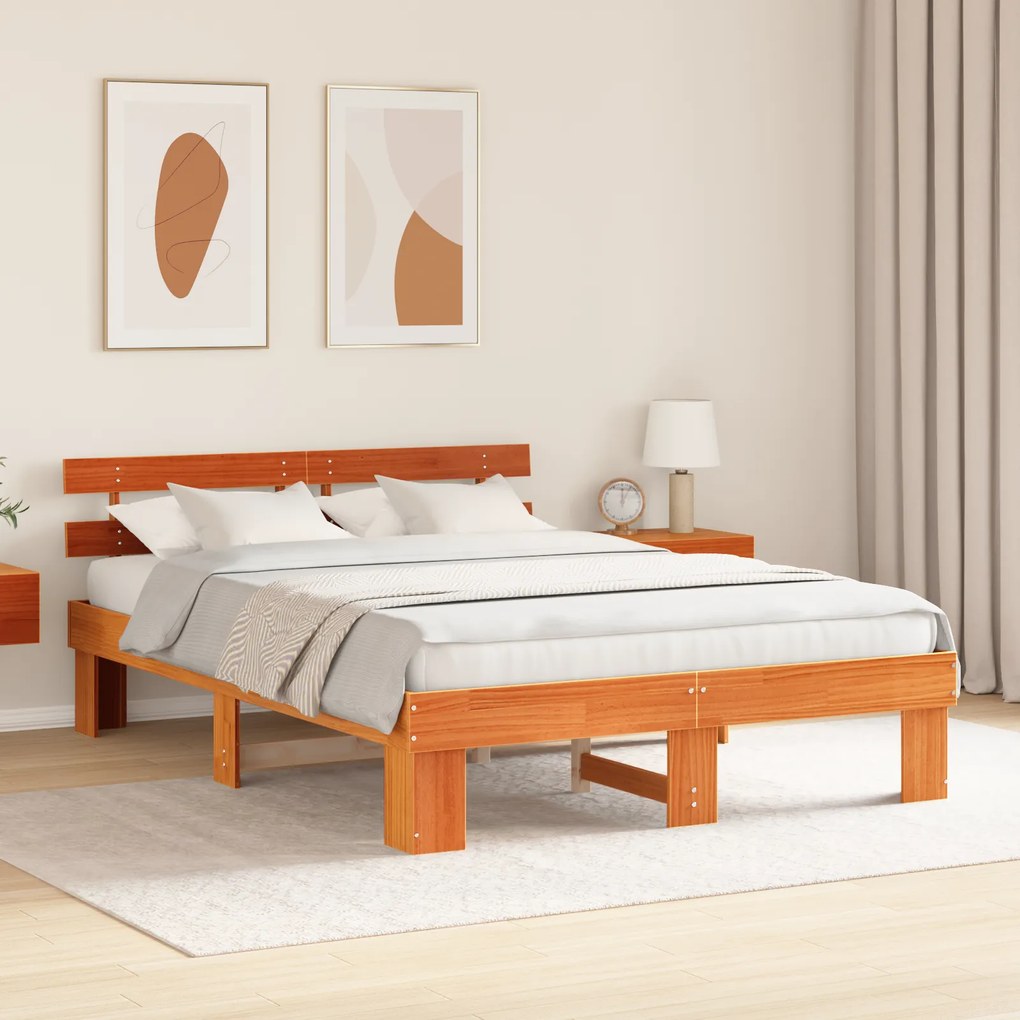 Estrado de Cama com Cabeceira Castanho Encerado 140x200 cm Madeira Mac