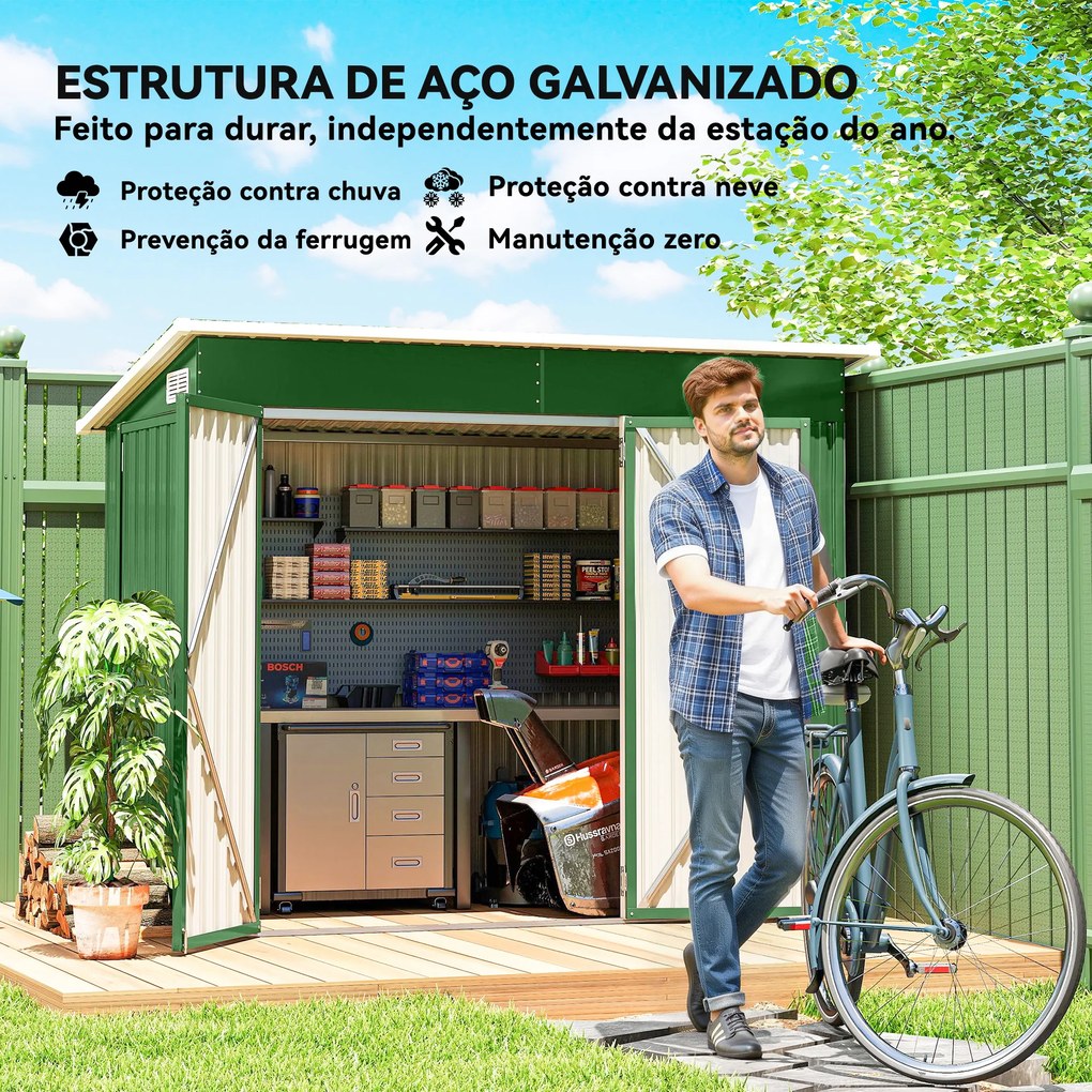 Abrigo de Jardim Exterior 2,7 m² 234x132x185 cm com Três Portas Fechadura e Grelhas de Ventilação Verde