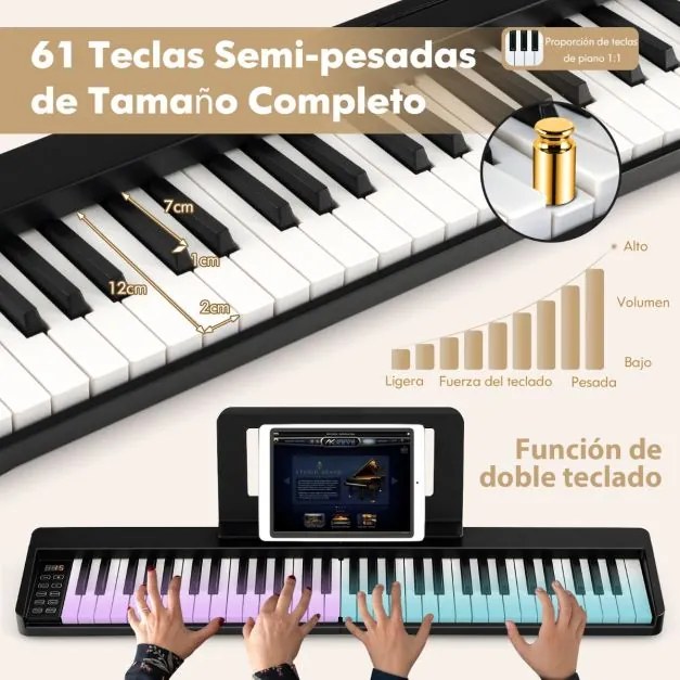 Teclado para piano dobrável de 61 teclas Piano elétrico portátil de 61 teclas com suporte Pedal de sustentação MIDI 90 x 13 x 5,5 cm Preto