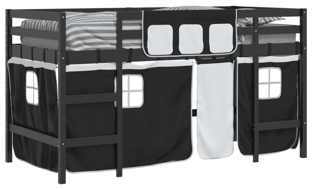 Cama alta criança c/ cortina 90x200cm pinho maciço branco/preto