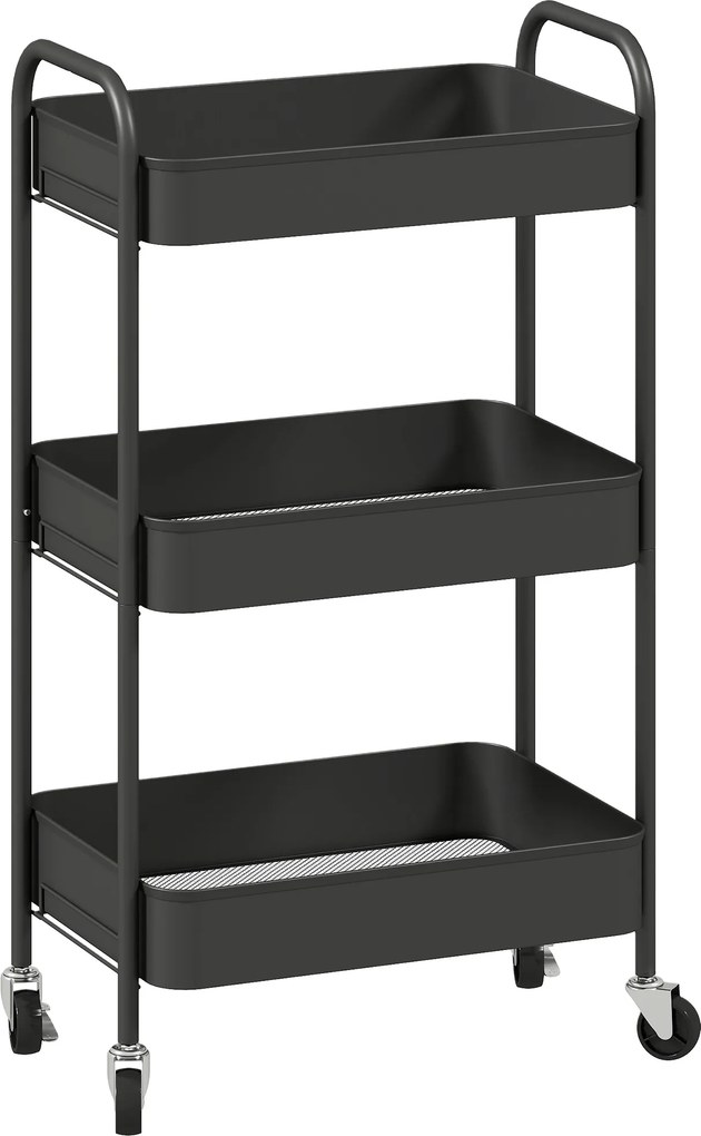 HOMCOM Carrinho Auxiliar com Rodas de 3 Níveis, Carrinho de Cozinha com 3 Cestos e 2 Pegas, 45x30,6x79 cm, Preto | Aosom Portugal