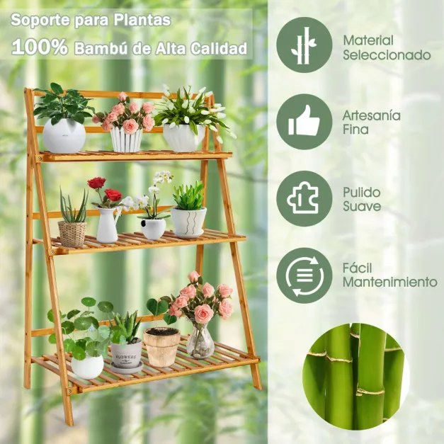 Prateleiras de plantas de 3 camadas Prateleira decorativa de bambu para vasos de flores para pátio e jardim 70 x 38 x 95,5 cm Natural