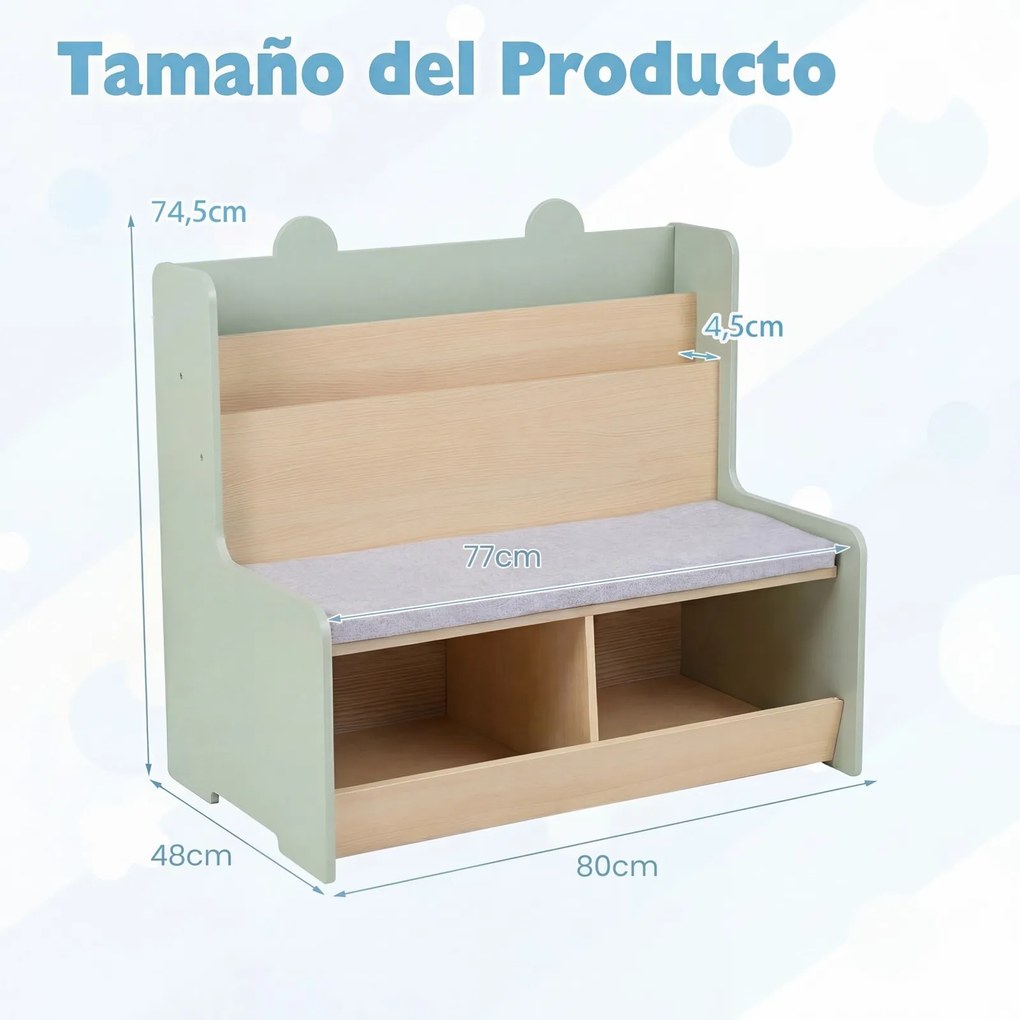 Banco com arrumação infantil 80 x 48 x 74,5 cm, 3 em 1, almofada acolchoada, capa removível, estante e compartimentos abertos para crianças a partir