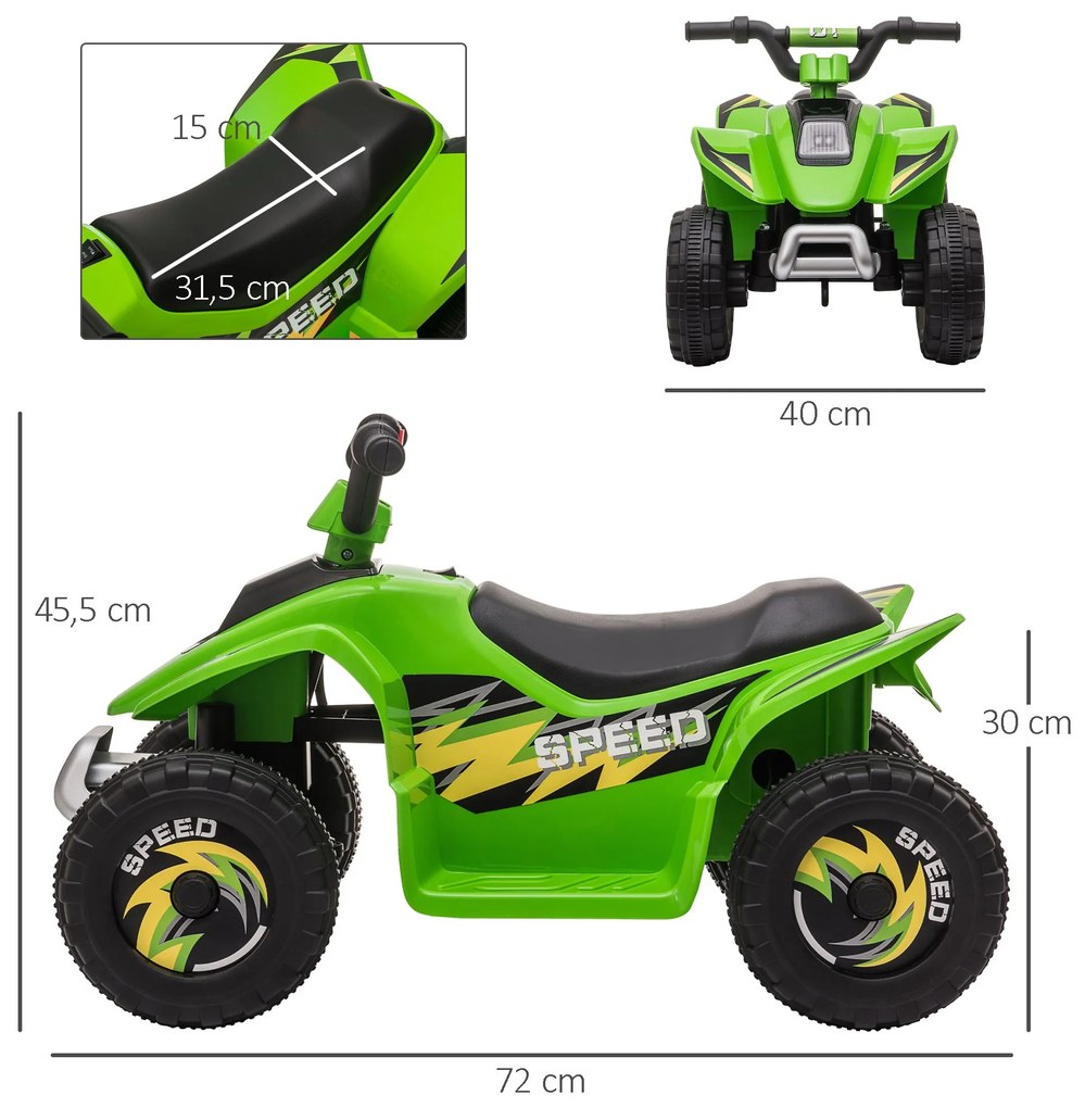 Moto 4 Elétrico Elétrica para Crianças de 18-36 Meses Quadriciclo a Bateria 6V com Avance e Retrocesso 72x40x45,5cm Verde