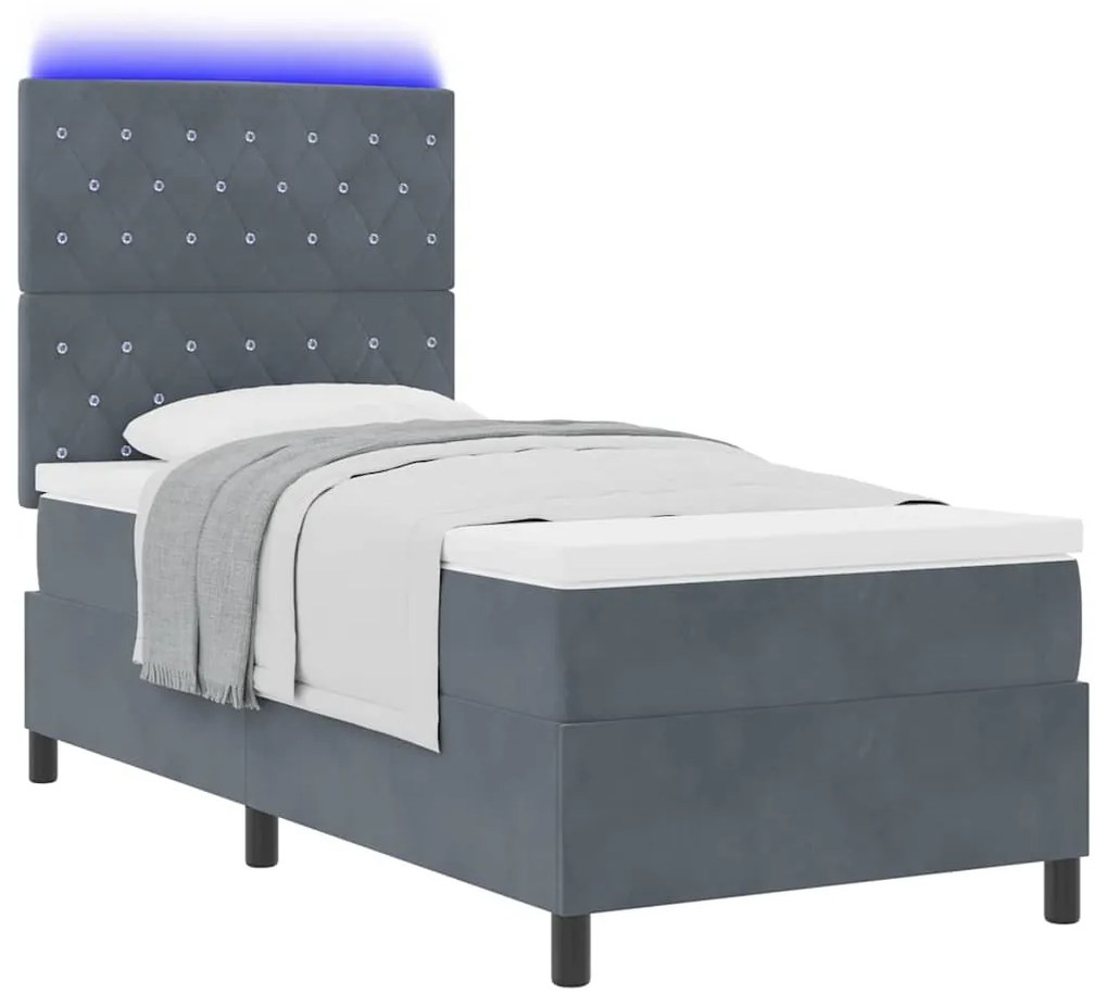 Cama Box Spring com Colchão e LED Cinza Escuro 90x190 cm Veludo