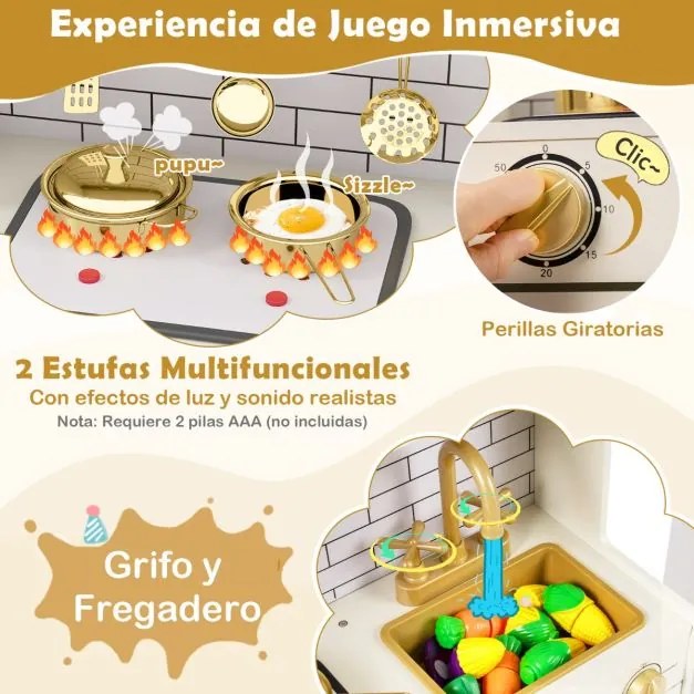 Cozinha Brincar para crianças 86 x 25,5 x 81 cm com luz e som, Inclui torneira, forno, micro-ondas e máquina de lavar louça bege.