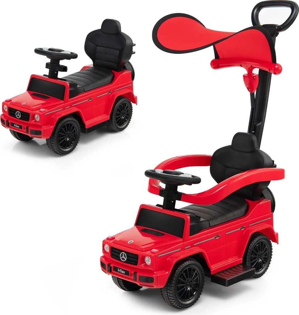 Carro de passeio 3 em 1 para crianças com capota ajustável, alça para os pais, barra de apoio para os braços, som de motor e buzina vermelho