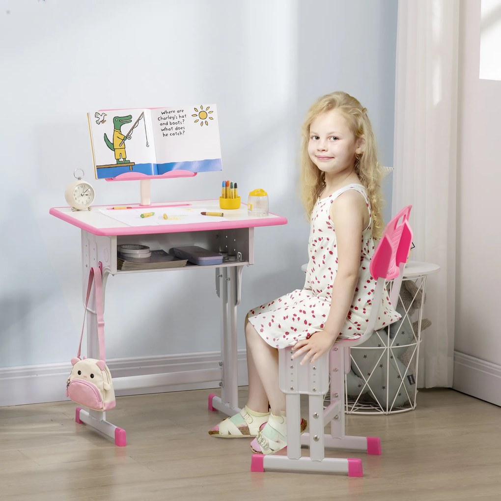 Conjunto de Secretária e Cadeira para Crianças com Altura Ajustável 1 Gaveta e 1 Prateleira para Livros 60x45x90-120 cm Rosa