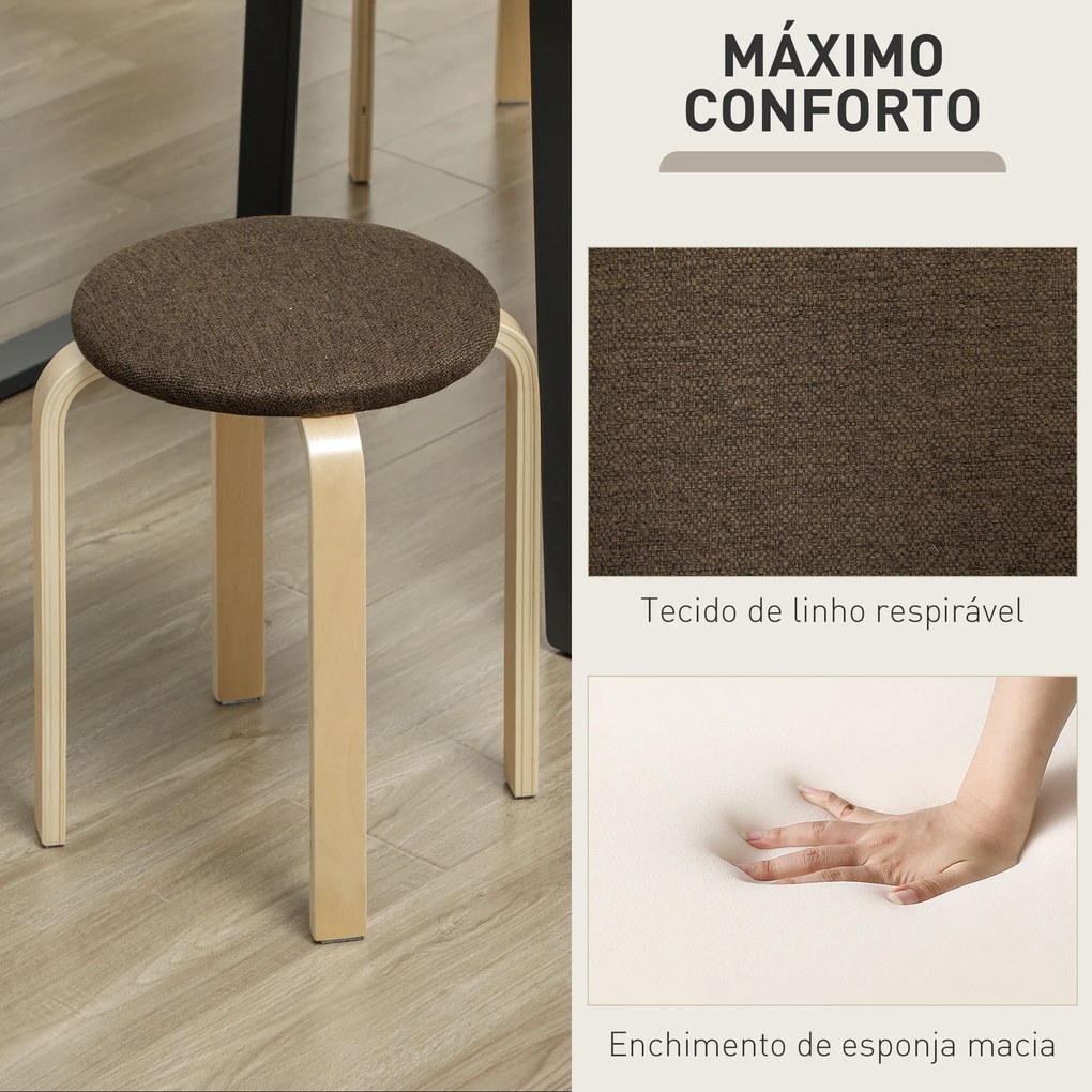 Conjunto de 4 Bancos Empilháveis Redondos (MESA NÃO INCLUIDA) Bancos Baixos de Cozinha com Assento Acolchoado Ø40x45 cm Castanho e Madeira