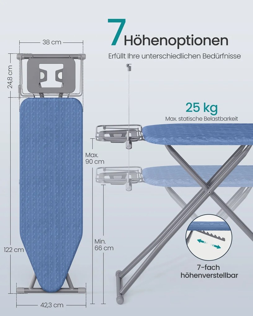 Tábua de engomar com suporte para cabos 146,8 x 42,3 x 66-90 cm azul-escuro e cinza-claro