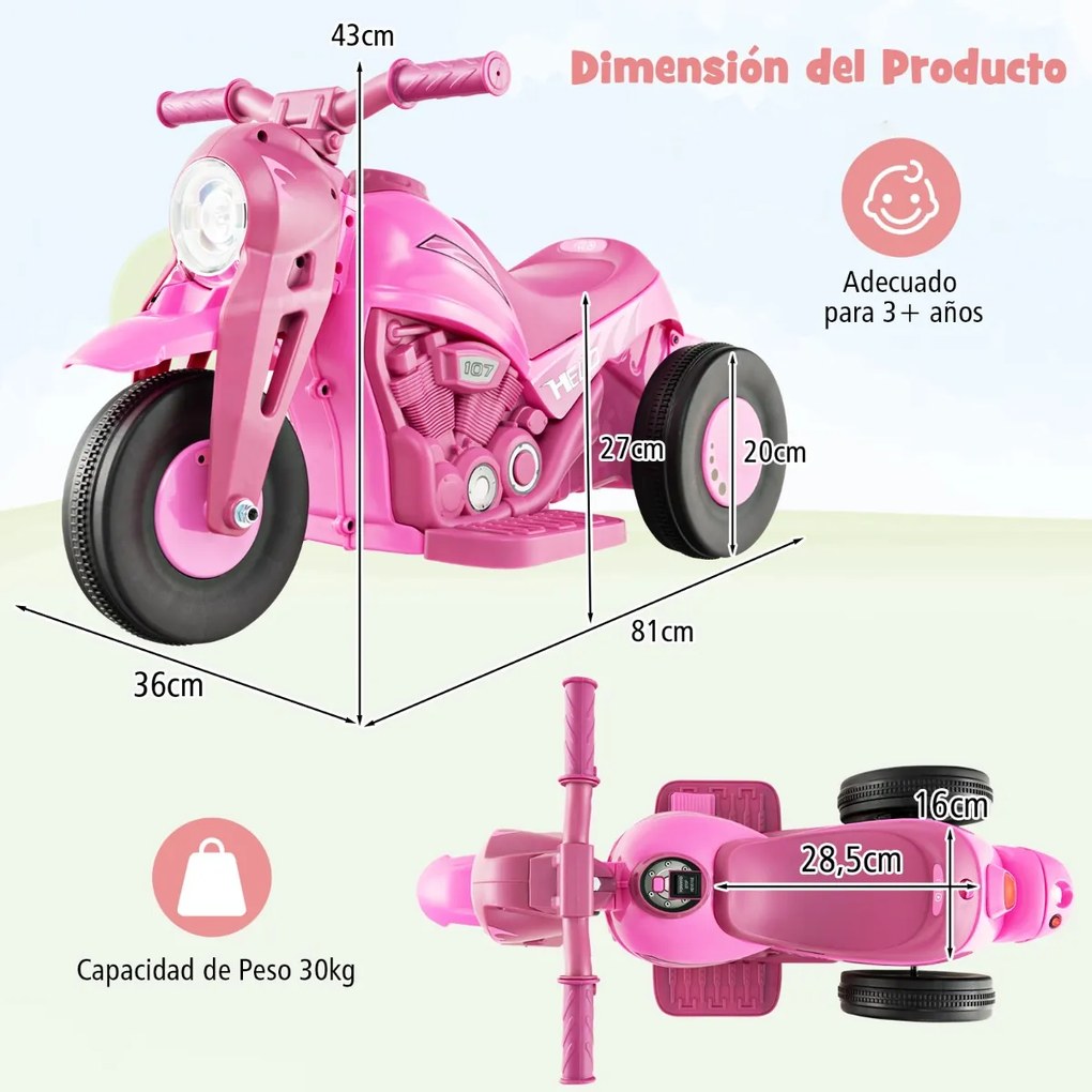 Mota elétrica infantil com farol LED Função Bolhas 30kg Rosa