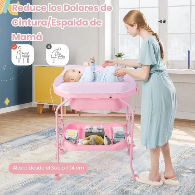 Troca-fraldas com banheira, portátil e dobrável, almofada em PVC, bandeja de armazenamento com 4 rodas universais Rosa