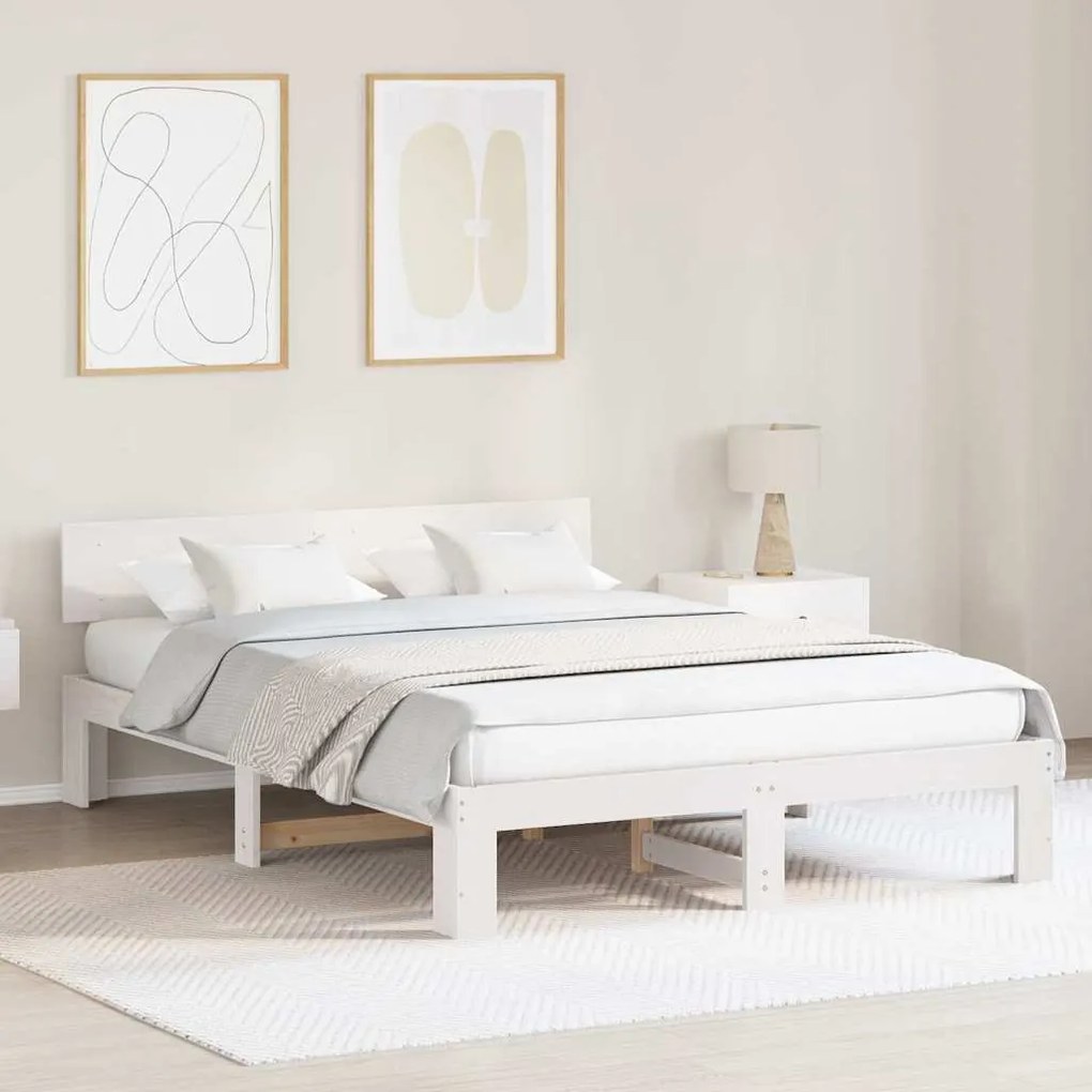Estrado de Cama com Cabeceira Branco 160x200 cm Madeira de Pinho