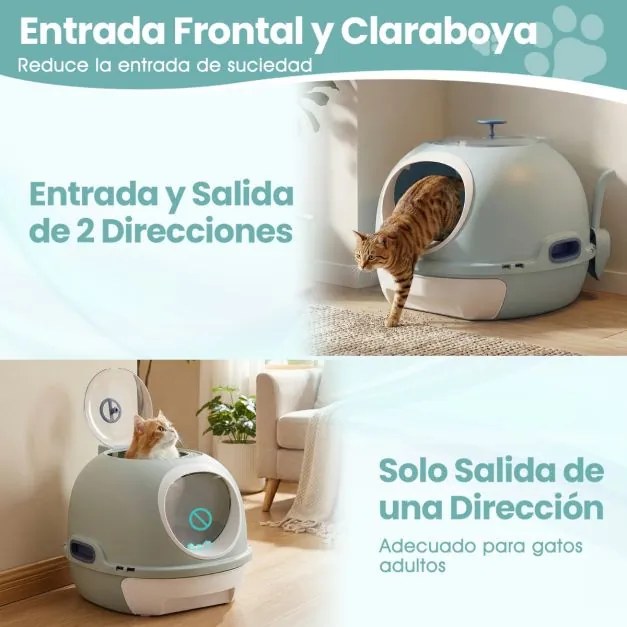 Caixa de areia fechada para gatos com entrada frontal e superior, inclui pá e bandeja para gatos até 10 kg, cinza