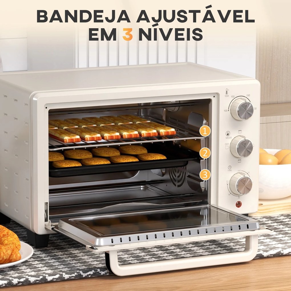 Mini Forno Elétrico 21L 1400W com Temporizador até 60min e Temperatura Ajustável até 230℃ 46x38,5x29 cm Creme e Prata