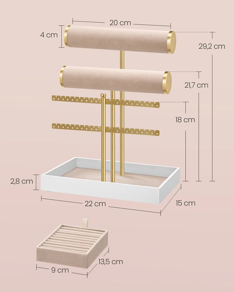 Porta-joias com tabuleiro 15 x 22 x 29,2 cm em veludo dourado claro e castanho-camelo